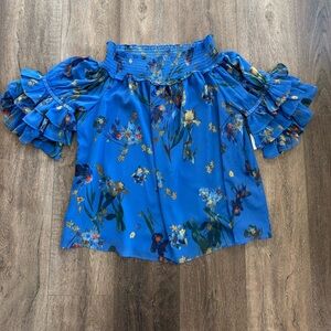 CeCe Blue Floral Ruffle Sleeve Blouse